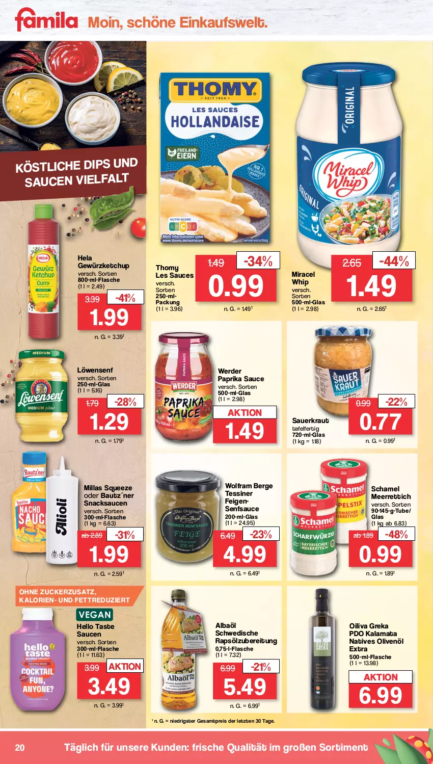 Aktueller Prospekt Famila - Prospekte - von 25.03 bis 30.03.2024 - strona 20 - produkty: auer, Bau, eis, erde, Feigen, flasche, gewürz, gewürzketchup, Hela, ketchup, Kraut, löwensenf, meerrettich, miracel, miracel whip, natives olivenöl, olive, oliven, olivenöl, olivenöl extra, paprika, rapsöl, reis, Rettich, sauce, saucen, Sauerkraut, schamel, senf, snack, snacks, thomy, thomy les sauces, Ti, ZTE, zucker