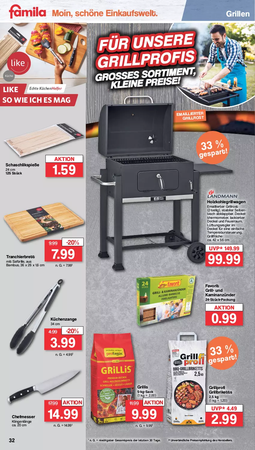 Aktueller Prospekt Famila - Prospekte - von 25.03 bis 30.03.2024 - strona 32 - produkty: anzünder, bambus, briketts, decke, Deckel, eis, elle, grill, grillbriketts, grillfläche, grillrost, Holz, holzkohle, holzkohlegrill, Kamin, Kohlegrill, küche, Küchen, Küchenhelfer, lack, messer, reis, sac, saft, sim, teller, thermometer, Ti, tisch, Tranchierbrett, ZTE