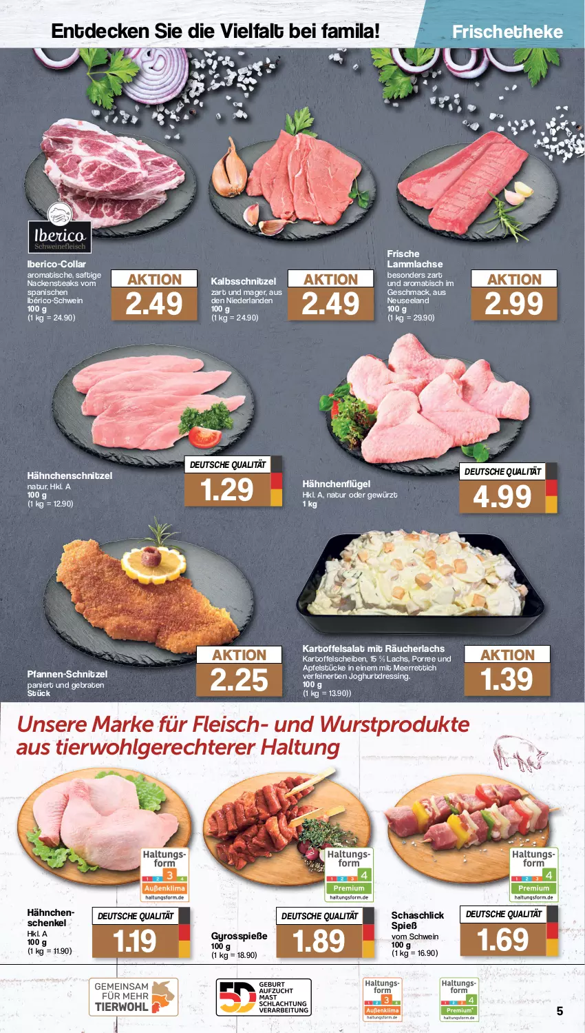 Aktueller Prospekt Famila - Prospekte - von 25.03 bis 30.03.2024 - strona 5 - produkty: apfel, braten, decke, dressing, eis, Elan, fleisch, gewürz, gyros, hähnchenflügel, hähnchenschenkel, Hähnchenschnitzel, henkel, joghur, joghurt, kalbsschnitzel, kartoffel, kartoffelsalat, lachs, lamm, lammlachse, LG, mac, meerrettich, Nackensteak, nackensteaks, natur, pfanne, pfannen, Räucherlachs, Rettich, saft, salat, schenkel, schnitzel, schwein, steak, steaks, Ti, tisch, wein, wurst