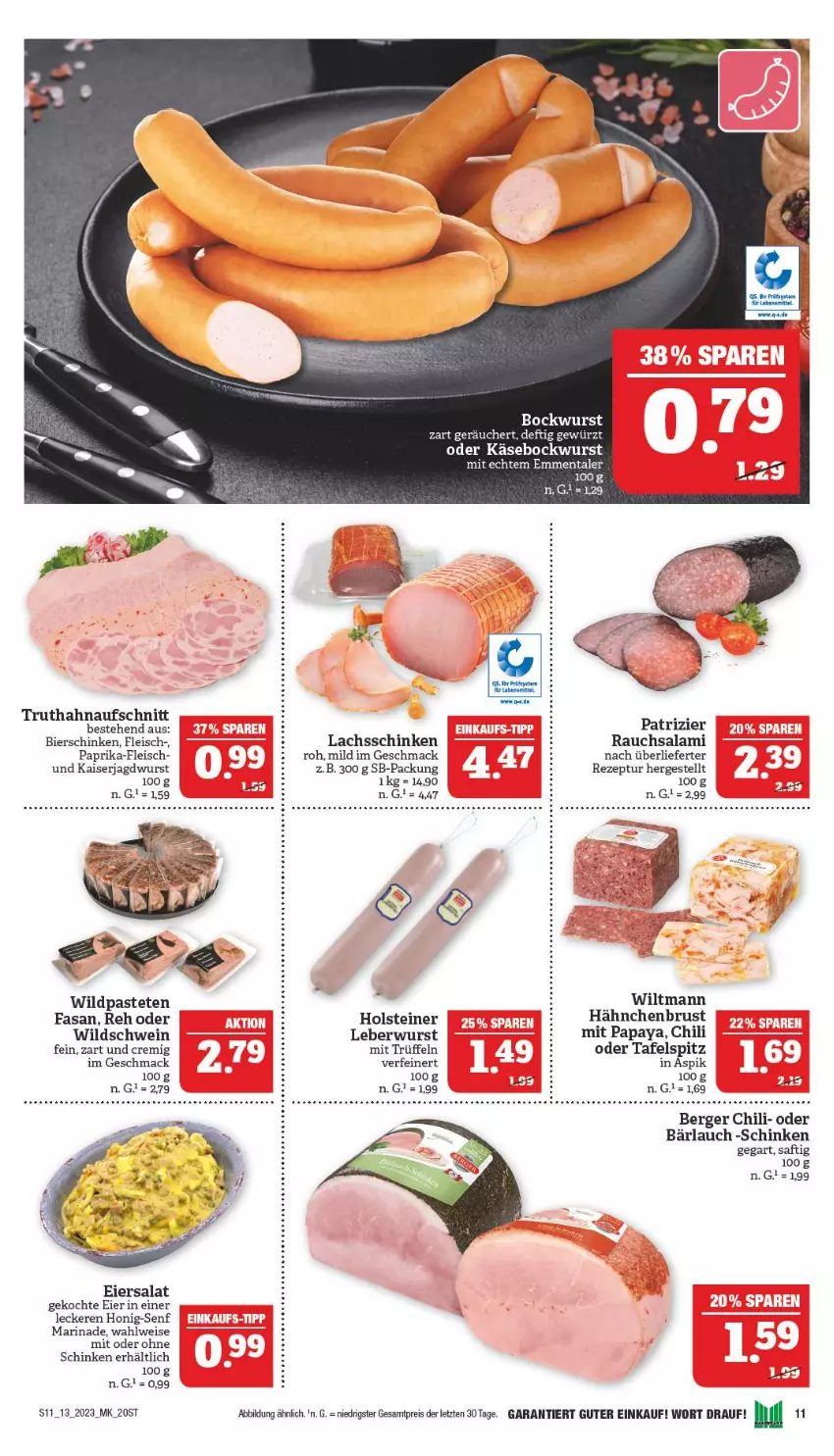 Aktueller Prospekt Marktkauf - Prospekt - von 26.03 bis 01.04.2023 - strona 11 - produkty: aufschnitt, Berger, bier, bierschinken, bockwurst, chili, eier, eiersalat, eis, fleisch, hähnchenbrust, holsteiner, honig, Honig-Senf, jagdwurst, Kaiser, Käse, lachs, lachsschinken, lebensmittel, leberwurst, mac, marinade, Papaya, paprika, pastete, Rauch, reis, rezept, saft, salami, salat, schinken, schwein, senf, steiner, tafelspitz, Ti, Trüffel, truthahn, wein, Wild, Wildschwein, wiltmann, wurst, ZTE