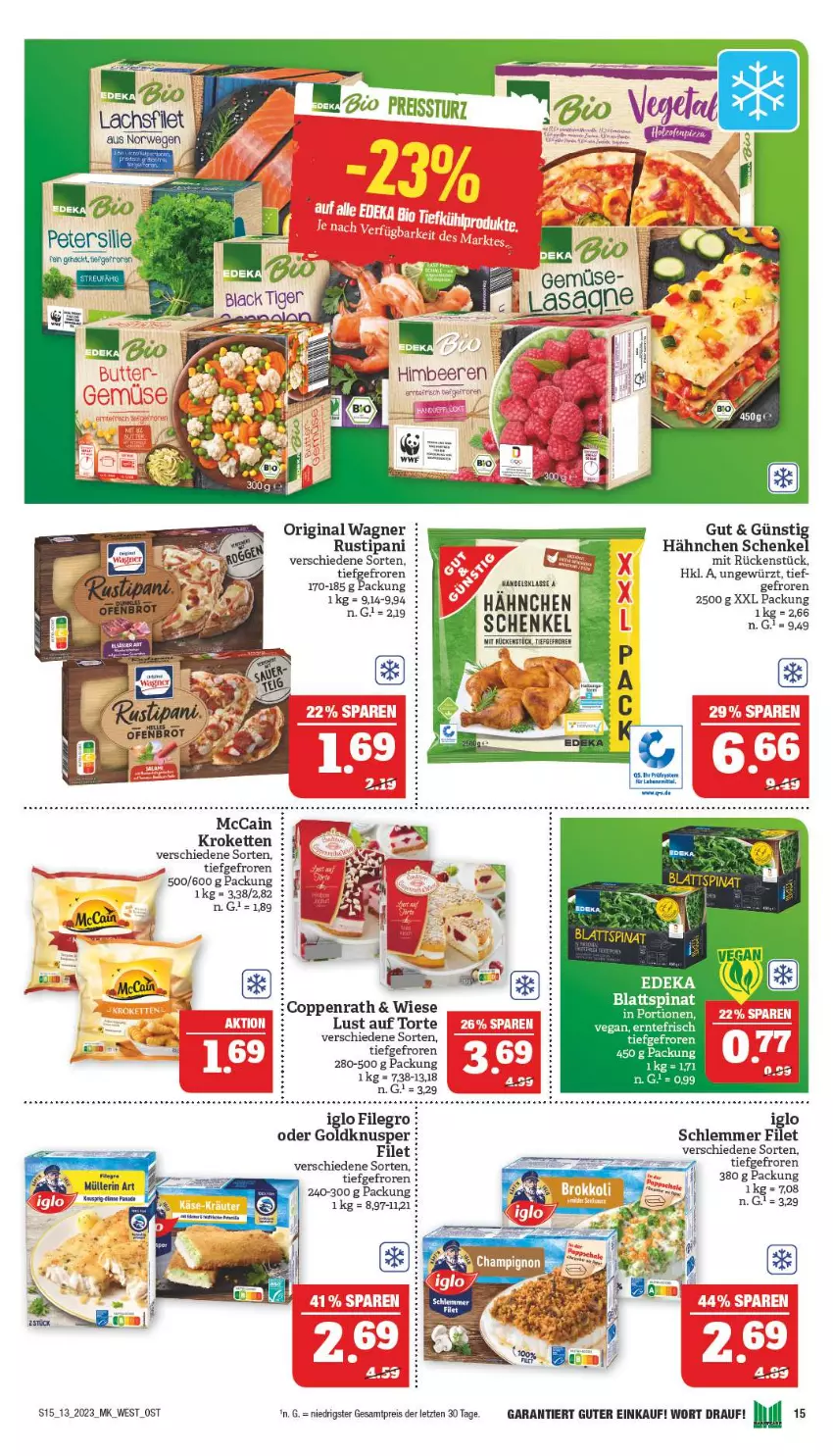 Aktueller Prospekt Marktkauf - Prospekt - von 26.03 bis 01.04.2023 - strona 15 - produkty: beere, beeren, blattspinat, coppenrath, eis, filegro, filet, gewürz, gin, henkel, himbeer, himbeere, himbeeren, iglo, Kette, Kroketten, lachs, lachsfilet, lack, Lust auf Torte, mccain, original wagner, reis, rustipani, rwe, schenkel, spinat, Ti, torte, wagner, ZTE