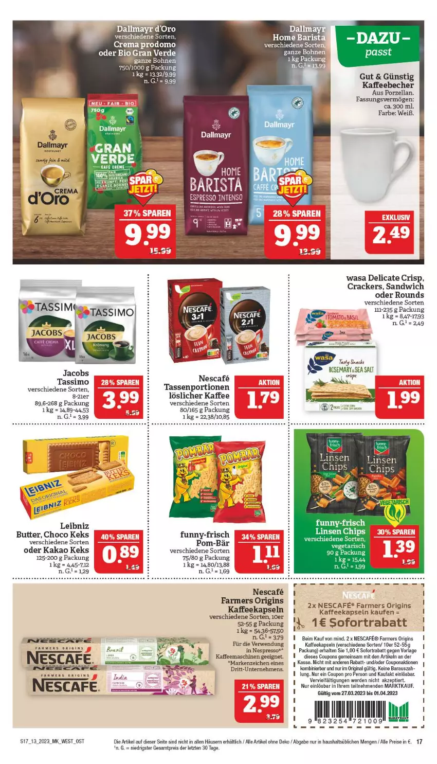 Aktueller Prospekt Marktkauf - Prospekt - von 26.03 bis 01.04.2023 - strona 17 - produkty: Becher, butter, chips, cin, coupon, coupons, cracker, dallmayr, eis, erde, espresso, gin, jacobs, kaffee, kaffeebecher, kaffeekapseln, kaffeemaschine, kakao, keks, leibniz, linsen, löslicher kaffee, nescafe, nespresso, pom-bär, prodomo, reis, rwe, sandwich, sim, snack, sofortrabatt, tasse, tassimo, Ti, wasa, ZTE