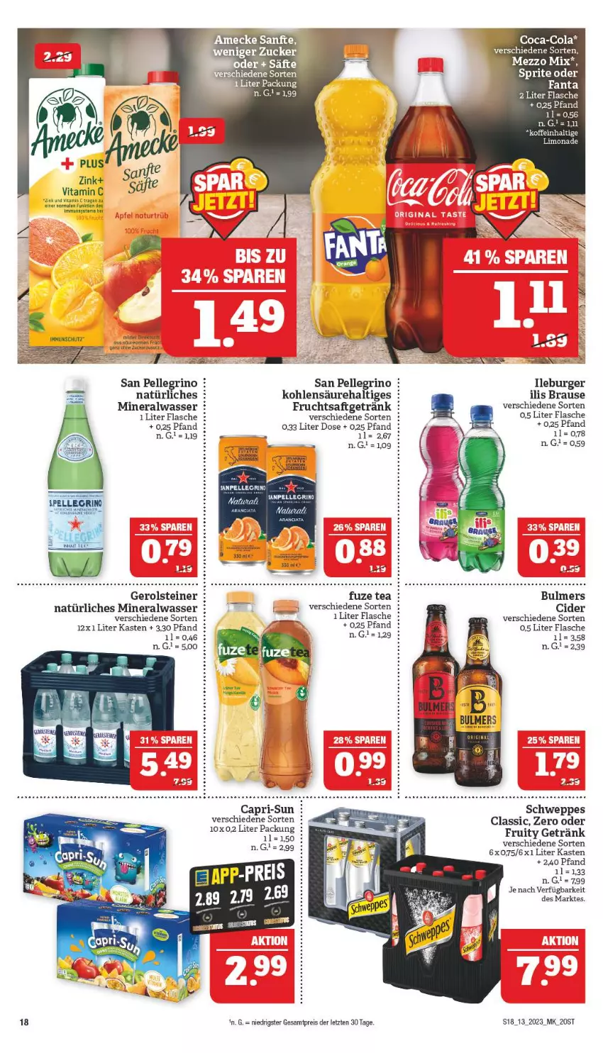 Aktueller Prospekt Marktkauf - Prospekt - von 26.03 bis 01.04.2023 - strona 18 - produkty: Alwa, brause, burger, Cap, capri-sun, cider, coca-cola, cola, eier, eis, elle, flasche, frucht, fruchtsaft, fruchtsaftgetränk, fuze tea, gerolsteine, gerolsteiner, getränk, limo, limonade, mineralwasser, natürliches mineralwasser, reis, saft, san pellegrino, schweppes, sprite, steiner, Ti, vita, Vitamin C, wasser, ZTE