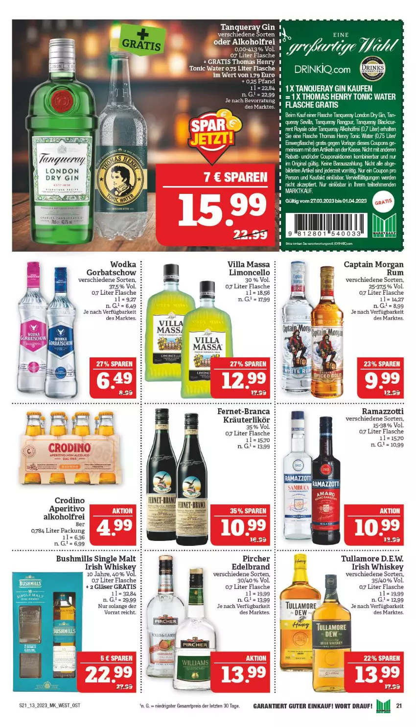 Aktueller Prospekt Marktkauf - Prospekt - von 26.03 bis 01.04.2023 - strona 21 - produkty: alkohol, Cap, captain morgan, coupon, coupons, dry gin, eis, erde, Fernet, flasche, Germ, gin, Gläser, Gorbatschow, irish whiskey, kräuter, kräuterlikör, lack, likör, limo, london dry, london dry gin, pircher, rama, ramazzott, ramazzotti, reis, rum, single malt, Tanqueray, tee, thomas henry, Ti, tonic, tonic water, tullamore, whiskey, wodka, zott, ZTE