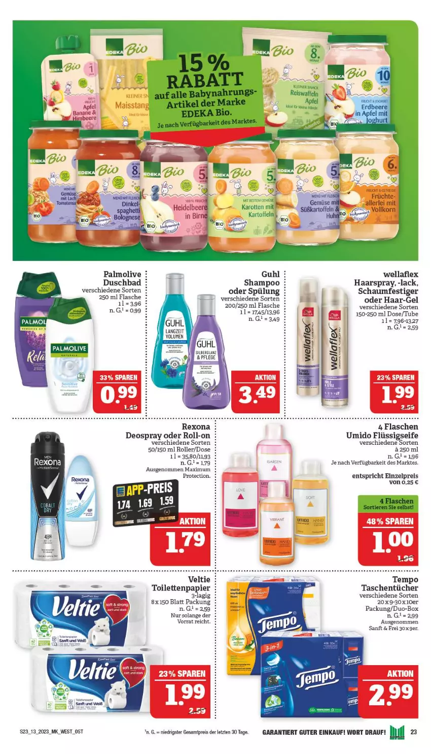 Aktueller Prospekt Marktkauf - Prospekt - von 26.03 bis 01.04.2023 - strona 23 - produkty: apfel, Bad, banane, bio, deo, deospray, duschbad, eis, flasche, flüssigseife, Guhl, haarspray, karotten, kartoffel, kartoffeln, lack, olive, palmolive, papier, reis, rexona, roll-on, Roller, schaumfestiger, Seife, shampoo, spülung, Tasche, taschen, taschentücher, Tempo, Ti, toilettenpapier, tücher, Wella, wellaflex, ZTE