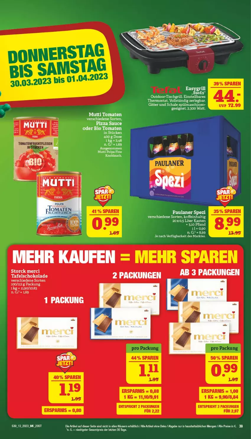 Aktueller Prospekt Marktkauf - Prospekt - von 26.03 bis 01.04.2023 - strona 39 - produkty: eis, grill, knoblauch, Mutti, Paula, paulaner, reis, Schal, Schale, schoko, schokolade, Spezi, spülmaschinen, tafelschokolade, thermostat, Ti, tisch, tischgrill, tomate, tomaten