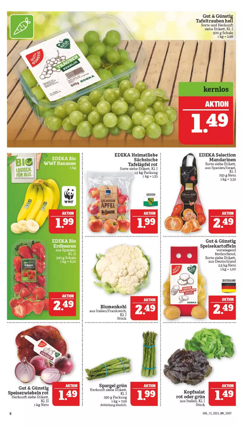 Aktueller Prospekt Marktkauf - Prospekt - von 26.03 bis 01.04.2023 - strona 6 - produkty: blume, blumen, blumenkohl, deka, eis, kartoffel, kartoffeln, kopfsalat, mandarine, mandarinen, sac, salat, Schal, Schale, spargel, spargel grün, speisekartoffeln, Speisezwiebeln, tafeläpfel, tafeltrauben, tee, Ti, trauben, zwiebel, zwiebeln