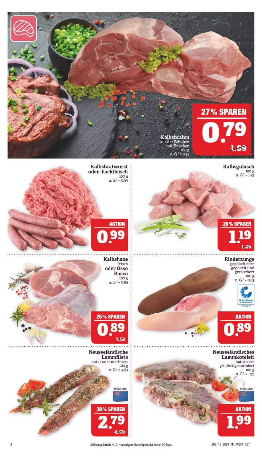 Aktueller Prospekt Marktkauf - Prospekt - von 26.03 bis 01.04.2023 - strona 8 - produkty: braten, bratwurst, eis, filet, filets, fleisch, grill, gulasch, hackfleisch, Kalbsbratwurst, kotelett, lamm, Lammfilets, lammkotelett, lebensmittel, natur, reis, rind, rinder, Rinderzunge, Ti, wurst, ZTE