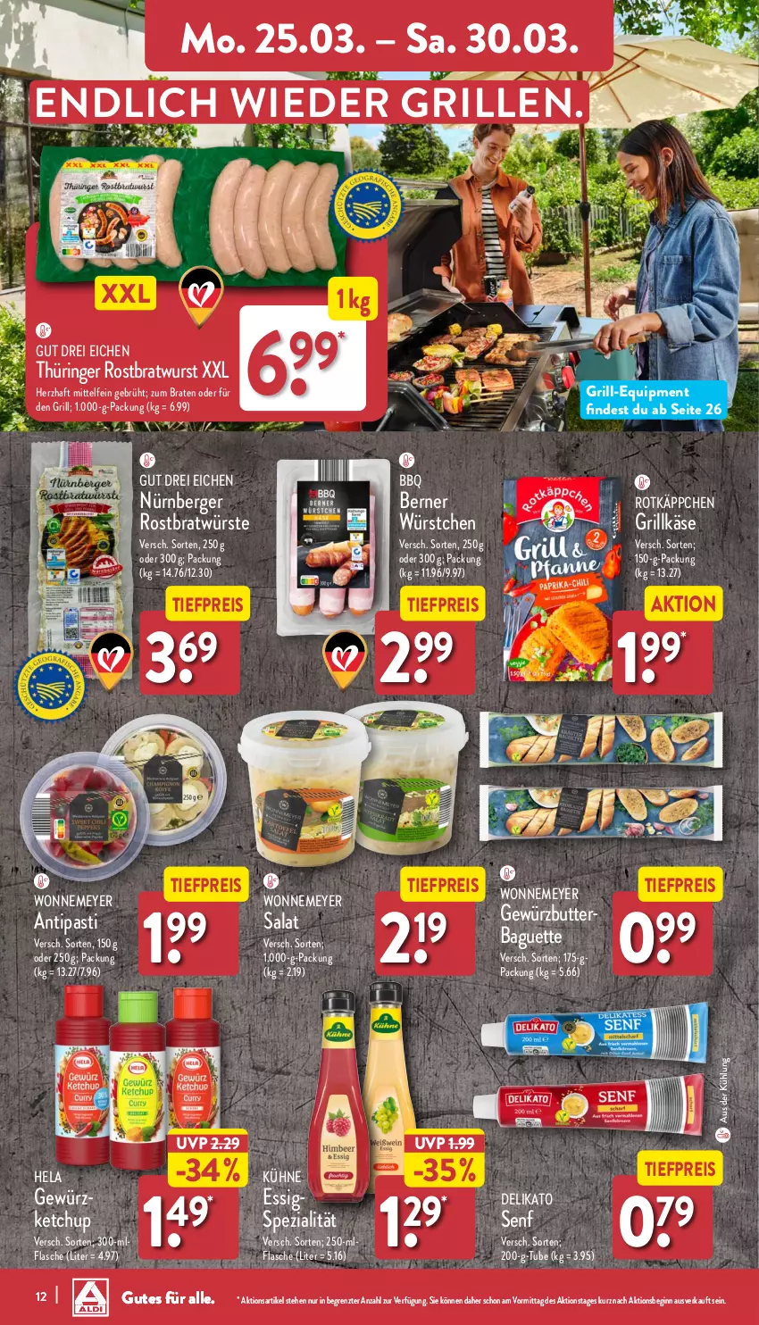 Aktueller Prospekt Aldi Nord - Von Montag - von 25.03 bis 30.03.2024 - strona 12 - produkty: antipasti, asti, baguette, Berger, braten, butter, eis, essig, flasche, gewürz, gin, grill, Grillkäse, Hela, Käse, ketchup, Kühne, nürnberger, reis, ring, rotkäppchen, salat, senf, Spezi, Ti, tiefpreis, wurst, würstchen, ZTE