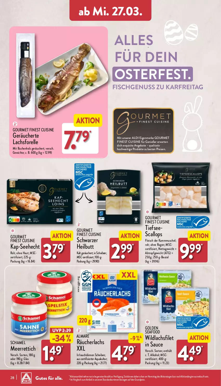 Aktueller Prospekt Aldi Nord - Von Montag - von 25.03 bis 30.03.2024 - strona 28 - produkty: aldi, alkohol, almare, angebot, angebote, aqua, beutel, buch, eis, elle, filet, fisch, fleisch, forelle, gin, Holz, lachs, lachsfilet, meerrettich, nuss, Räucherlachs, reis, rel, Rettich, sauce, schamel, Ti, Wild, wildlachs, ZTE