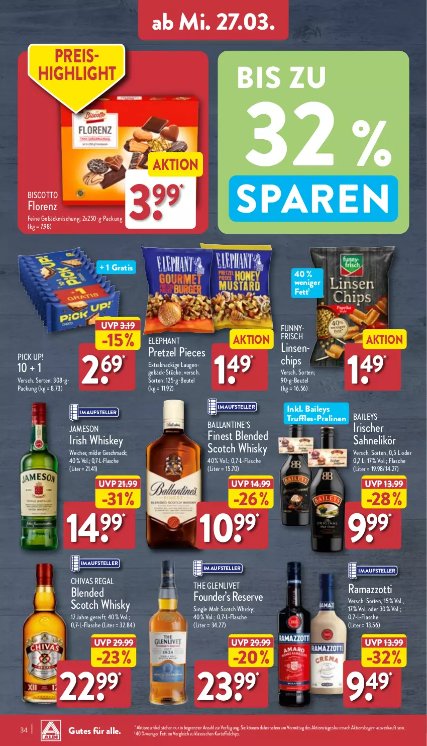 Aktueller Prospekt Aldi Nord - Von Montag - von 25.03 bis 30.03.2024 - strona 34 - produkty: baileys, ball, beutel, biscotto, blended scotch, blended scotch whisky, chips, eis, elle, Feine Gebäckmischung, flasche, gebäckmischung, gin, irish whiskey, jameson, kartoffel, kartoffelchips, likör, linsen, lorenz, mac, Pick Up!, pralinen, Pretzel, rama, ramazzott, ramazzotti, regal, reis, sahne, scotch, scotch whisky, single malt, teller, Ti, whiskey, whisky, zott, ZTE