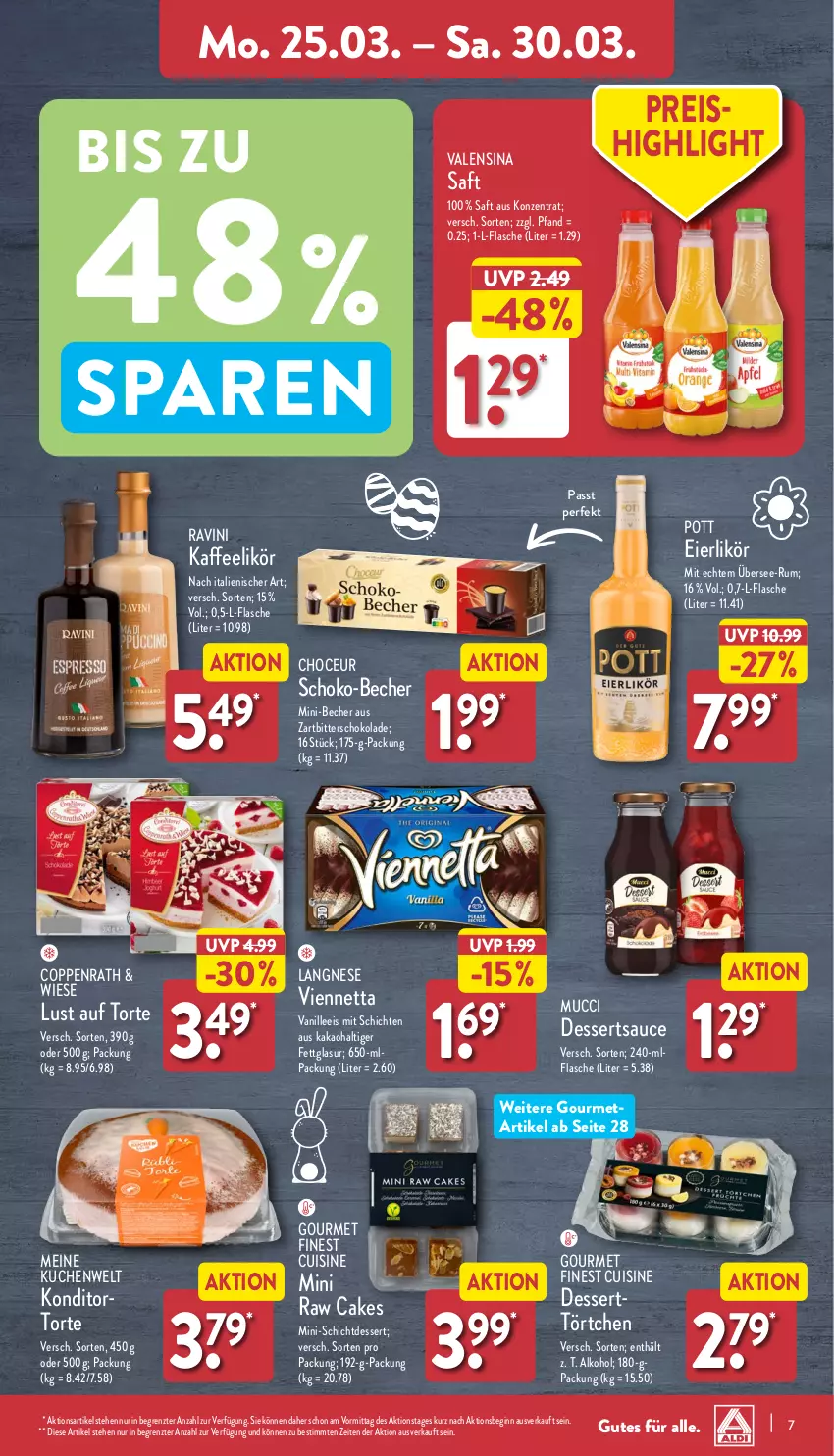 Aktueller Prospekt Aldi Nord - Von Montag - von 25.03 bis 30.03.2024 - strona 7 - produkty: alkohol, Becher, coppenrath, dessert, eier, eierlikör, eis, flasche, gin, kaffee, kakao, kuchen, langnese, likör, Lust auf Torte, reis, rum, saft, sauce, schoko, schokolade, Ti, Törtchen, torte, valensina, vanille, viennetta, ZTE