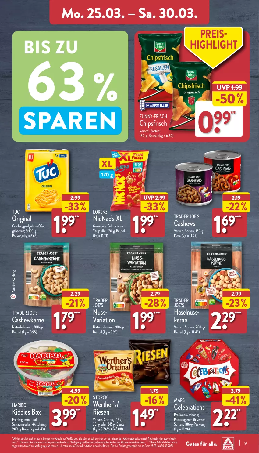 Aktueller Prospekt Aldi Nord - Von Montag - von 25.03 bis 30.03.2024 - strona 9 - produkty: beutel, Cashew, cashewkerne, chips, chipsfrisch, cracker, eis, elle, erdnüsse, frucht, fruchtgummi, funny-frisch, geback, gin, haribo, haselnuss, lorenz, mars, natur, nuss, Ofen, pralinen, reis, Ria, Schaumzucker, storck, teller, Ti, tuc, ZTE, zucker