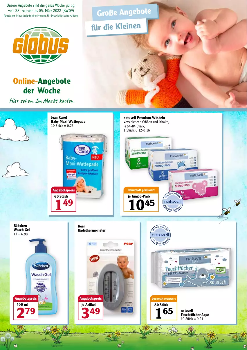 Aktueller Prospekt Globus - Prospekte - von 28.02 bis 05.03.2022 - strona 1 - produkty: angebot, angebote, angebotspreis, aqua, auer, Bad, bübchen, eis, feuchttücher, Jean Carol, jumbo, leine, reis, thermometer, Ti, tücher, wattepads, windeln