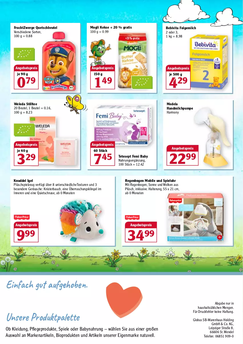 Aktueller Prospekt Globus - Prospekte - von 28.02 bis 05.03.2022 - strona 2 - produkty: angebot, angebotspreis, Babynahrung, Bau, bebivita, beutel, bio, eis, folgemilch, frucht, fruchtzwerge, HP, keks, kekse, kleid, Kleidung, LG, milch, Palette, Plüsch, quetschbeutel, reis, Spiele, spielzeug, tee, telefon, Ti, uhr, vita, weleda