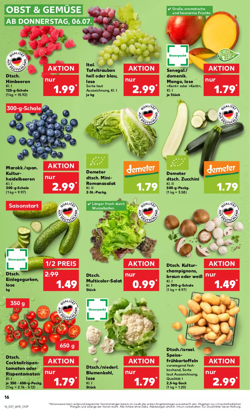 Aktueller Prospekt Kaufland - Prospekt - von 06.07 bis 12.07.2023 - strona 16 - produkty: angebot, ball, beere, beeren, blume, blumen, blumenkohl, braun, champignon, champignons, cocktail, eis, früchte, Frühkartoffeln, gurke, gurken, heidelbeere, heidelbeeren, himbeer, himbeere, himbeeren, kartoffel, kartoffeln, mango, obst, reis, rispentomaten, Romanasalat, sac, salat, Schal, Schale, tafeltrauben, Ti, tisch, tomate, tomaten, trauben, ZTE, zucchini