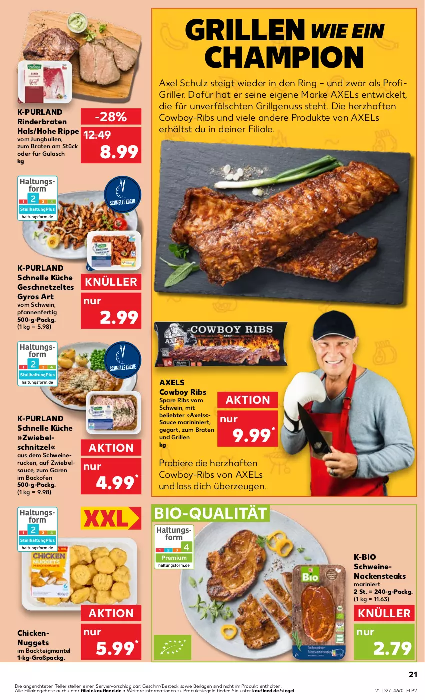 Aktueller Prospekt Kaufland - Prospekt - von 06.07 bis 12.07.2023 - strona 21 - produkty: angebot, angebote, axe, backofen, besteck, bier, Biere, bio, braten, champion, elle, geschirr, geschnetzeltes, grill, gulasch, gyros, ilag, jungbullen, küche, LG, Mantel, Nackensteak, nackensteaks, nuggets, nuss, Ofen, pfanne, pfannen, purland, rind, rinder, rinderbraten, ring, sauce, schnitzel, schwein, schweine, schweinenacken, schweinerücken, spare ribs, steak, steaks, teller, Ti, wein, weine, WICK, Zelt, zwiebel