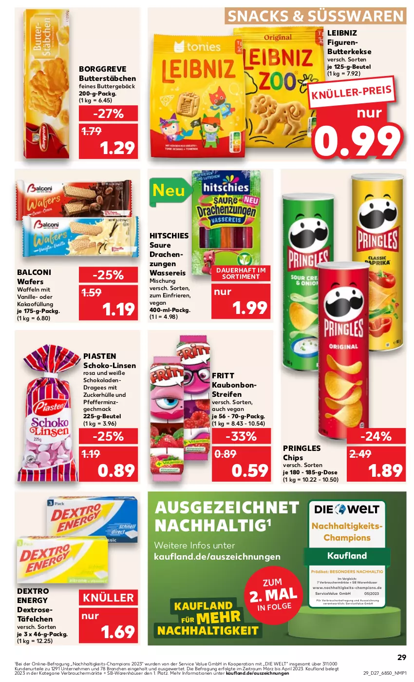 Aktueller Prospekt Kaufland - Prospekt - von 06.07 bis 12.07.2023 - strona 29 - produkty: Alcon, auer, beutel, bonbons, butter, butterkeks, champion, chips, eis, kakao, keks, kekse, leibniz, LG, linsen, mac, pfeffer, pril, pringles, Rauch, reifen, reis, ring, schoko, schokolade, schokoladen, snack, snacks, süsswaren, Ti, vanille, waffeln, wasser, wassereis, Weiße Schokolade, zucker