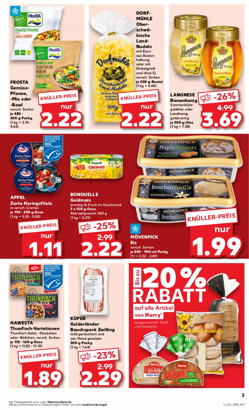 Aktueller Prospekt Kaufland - Prospekt - von 06.07 bis 12.07.2023 - strona 3 - produkty: angebot, angebote, Bau, beutel, Blüte, bonduelle, bonduelle goldmais, creme, eier, eis, elle, filet, filets, fisch, frosta, Goldmais, hawesta, hering, Herings, heringsfilets, honig, langnese, LG, mac, mais, mövenpick, mövenpick eis, nudel, nudeln, pfanne, Ria, ring, salat, salz, sandwich, Speck, thunfisch, Ti, toast