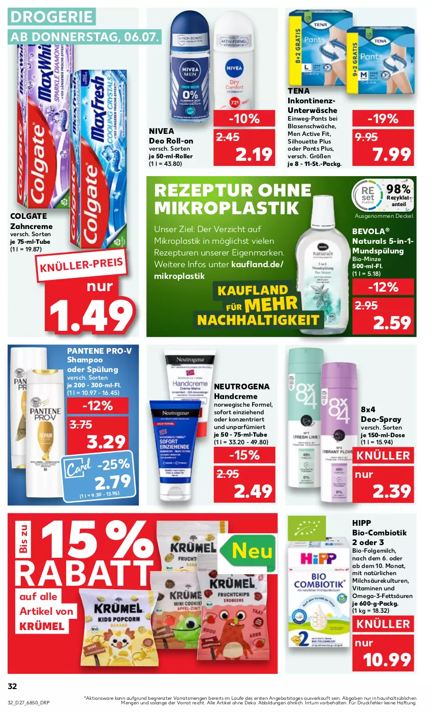 Aktueller Prospekt Kaufland - Prospekt - von 06.07 bis 12.07.2023 - strona 32 - produkty: angebot, asti, bio, colgate, creme, decke, Deckel, deo, deo roll-on, eis, folgemilch, handcreme, hipp, LG, milch, minze, mundspülung, natur, natura, neutrogena, nivea, omega, Omega-3, pantene, pantene pro-v, Pants, pro-v, rezept, roll-on, Roller, rwe, shampoo, shampoo oder spülung, spülung, Ti, Unterwäsche, vita, Vitamine, zahncreme, ZTE