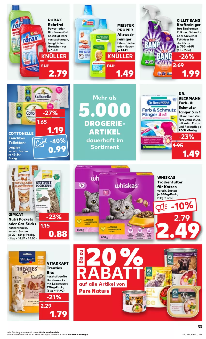 Aktueller Prospekt Kaufland - Prospekt - von 06.07 bis 12.07.2023 - strona 33 - produkty: allzweckreiniger, angebot, angebote, auer, Bad, bio, Cillit, cillit bang, citrus, cottonelle, Dr. Beckmann, eis, elle, Fettlöser, feuchtes toilettenpapier, hundesnack, hundesnacks, katzensnack, katzensnacks, kraft, küche, leberwurst, Meister, meister proper, natur, papier, power-gel, reiniger, rorax, snack, snacks, Ti, toilettenpapier, topf, trockenfutter, verfärbungsschutz, vita, vitakraft, weck, whiskas, wurst