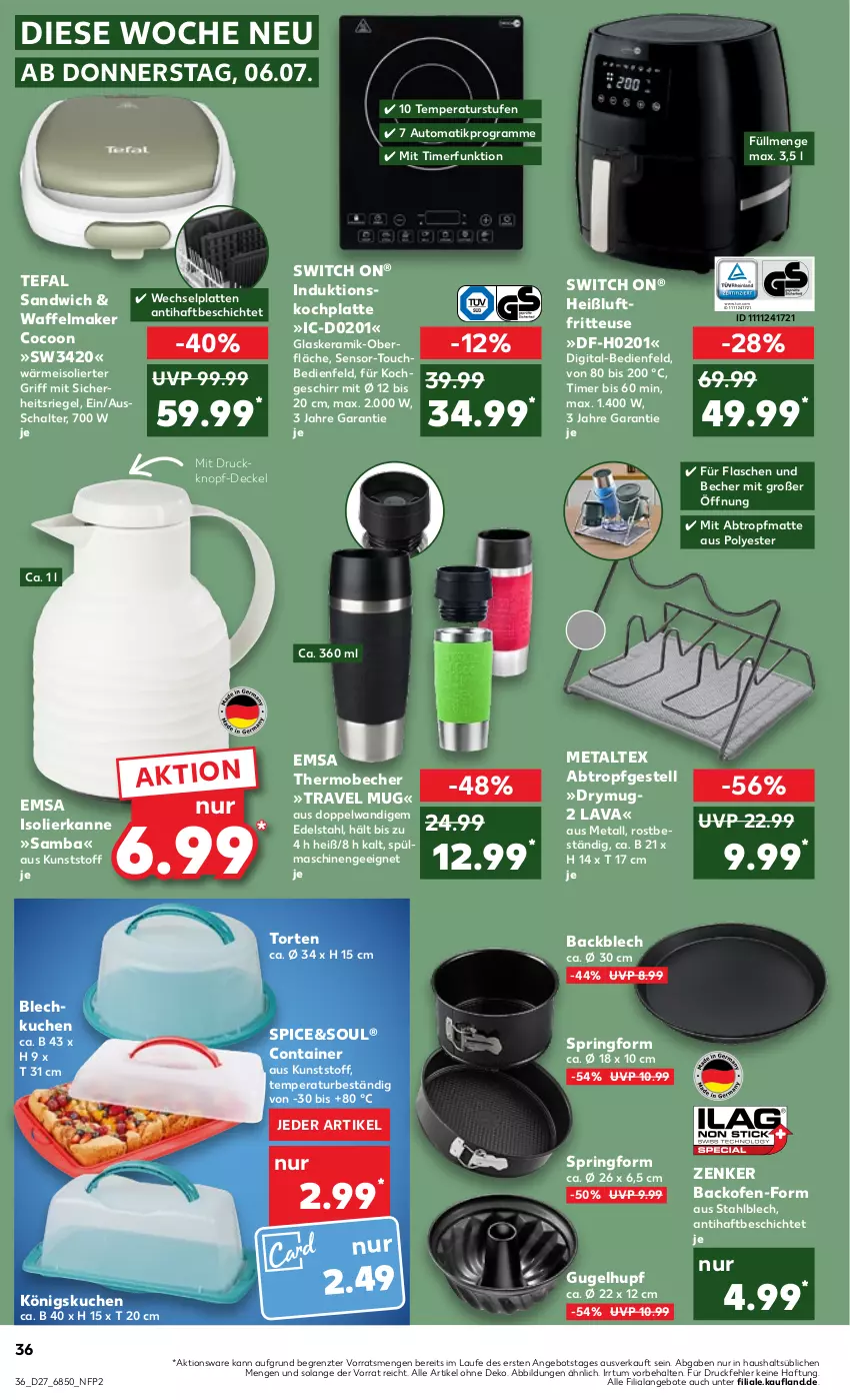 Aktueller Prospekt Kaufland - Prospekt - von 06.07 bis 12.07.2023 - strona 36 - produkty: angebot, angebote, auto, backofen, Becher, Container, decke, Deckel, edelstahl, eis, emsa, flasche, fritteuse, geschirr, glaskeramik, Heißluftfritteuse, HP, isolierkanne, kuchen, latte, metaltex, Ofen, riegel, ring, sandwich, Schal, Springform, spülmaschinen, tefal, Ti, timer, torte, travel mug, ZTE