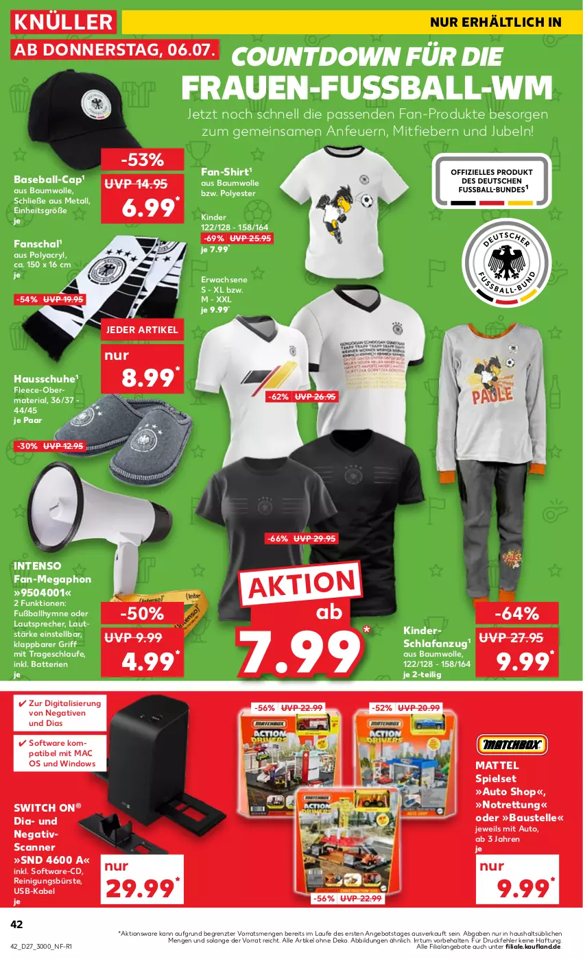 Aktueller Prospekt Kaufland - Prospekt - von 06.07 bis 12.07.2023 - strona 42 - produkty: angebot, angebote, Anzug, aust, auto, ball, batterie, batterien, Bau, baumwolle, bürste, Cap, elle, Fußball, Hausschuhe, intenso, Kinder, lautsprecher, mac, Mattel, Reinigung, reinigungsbürste, Ria, Scanner, Schal, Schlafanzug, schuhe, shirt, Software, Ti, usb, wolle, ZTE