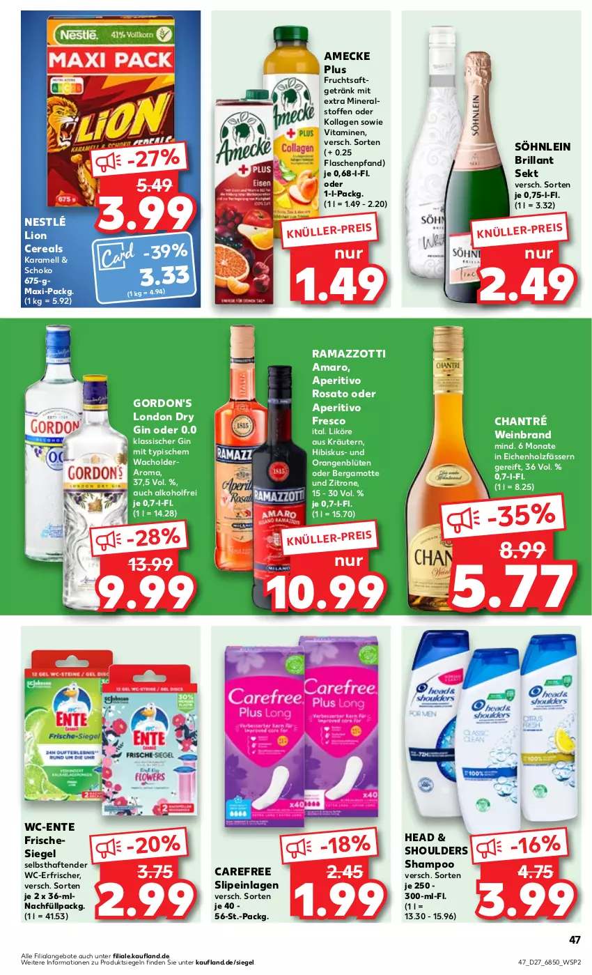 Aktueller Prospekt Kaufland - Prospekt - von 06.07 bis 12.07.2023 - strona 47 - produkty: alkohol, amaro, amecke, angebot, angebote, aperitivo rosato, Bergamotte, Blüte, brillant sekt, carefree, cereals, chantré, dry gin, eis, ente, flasche, frucht, fruchtsaft, fruchtsaftgetränk, getränk, gin, gordon, gordon's, Holz, karamell, Kollagen, kräuter, kräutern, likör, lion, london dry, london dry gin, nestlé, orange, orangen, rama, ramazzott, ramazzotti, rosato, saft, schoko, sekt, shampoo, slip, slipeinlagen, söhnlein, söhnlein brillant, tender, Ti, vita, Vitamine, wein, weinbrand, zitrone, zott