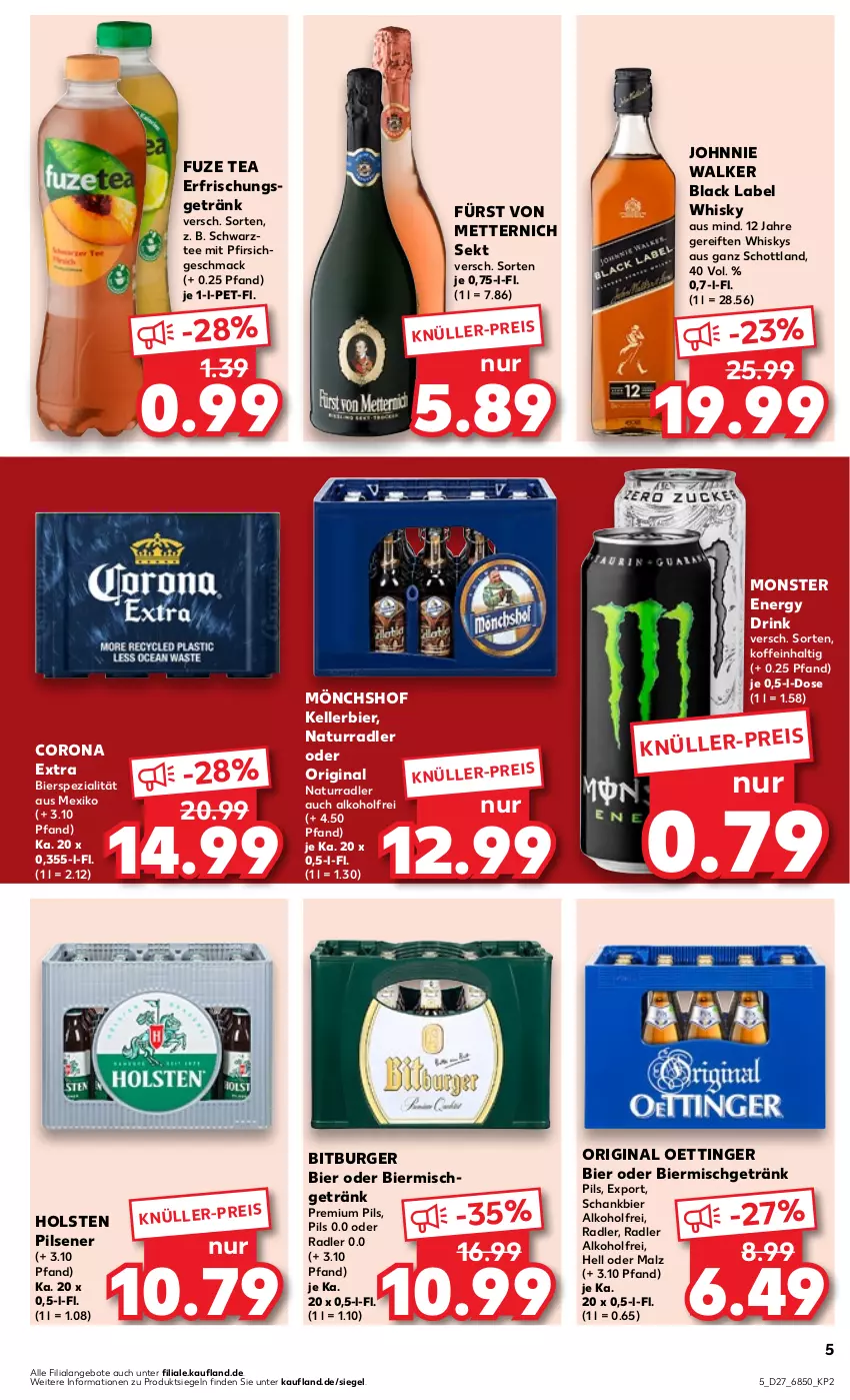 Aktueller Prospekt Kaufland - Prospekt - von 06.07 bis 12.07.2023 - strona 5 - produkty: alkohol, angebot, angebote, bier, bitburger, black label, burger, corona, corona extra, drink, eis, elle, energy drink, erfrischungsgetränk, fürst von metternich, fuze tea, getränk, gin, holsten, holsten pilsener, johnnie walker, kellerbier, lack, mac, malz, Mett, metternich, mönchshof, monster, Monster Energy, natur, oder radler, oettinger, pfirsich, pils, pilsener, premium pils, radler, Schankbier, schott, sekt, Spezi, tee, Ti, whisky, ZTE