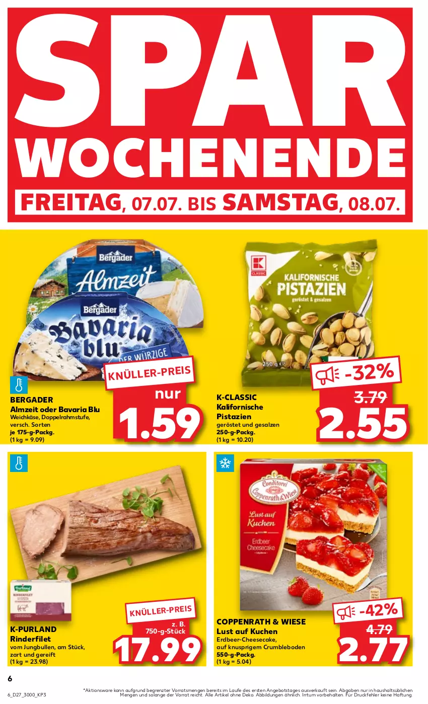 Aktueller Prospekt Kaufland - Prospekt - von 06.07 bis 12.07.2023 - strona 6 - produkty: angebot, bavaria blu, bergader, cheesecake, coppenrath, doppelrahmstufe, eis, filet, jungbullen, Käse, kuchen, Lust auf Kuchen, pistazien, purland, Ria, rind, rinder, rinderfilet, rum, salz, Ti, weichkäse, ZTE