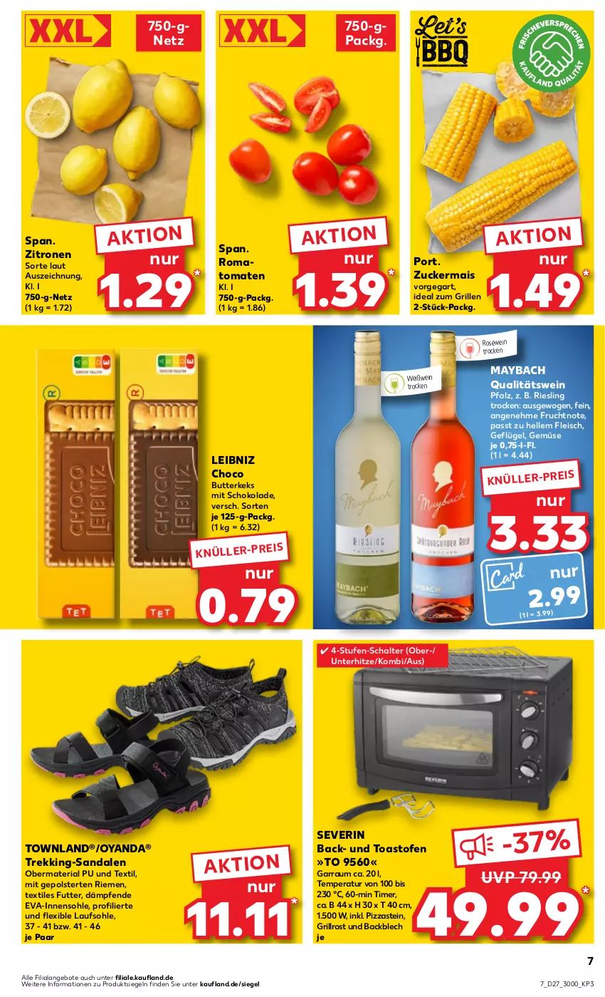 Aktueller Prospekt Kaufland - Prospekt - von 06.07 bis 12.07.2023 - strona 7 - produkty: angebot, angebote, butter, butterkeks, eis, elle, fleisch, frucht, garraum, Geflügel, grill, grillrost, ideal zum grillen, keks, leibniz, mais, maybach, Ofen, pizza, qualitätswein, Ria, riesling, Romatomaten, roséwein, sandale, sandalen, Schal, schoko, schokolade, severin, Ti, timer, toast, tomate, tomaten, wein, Weißwein, zitrone, zitronen, zucker, zuckermais