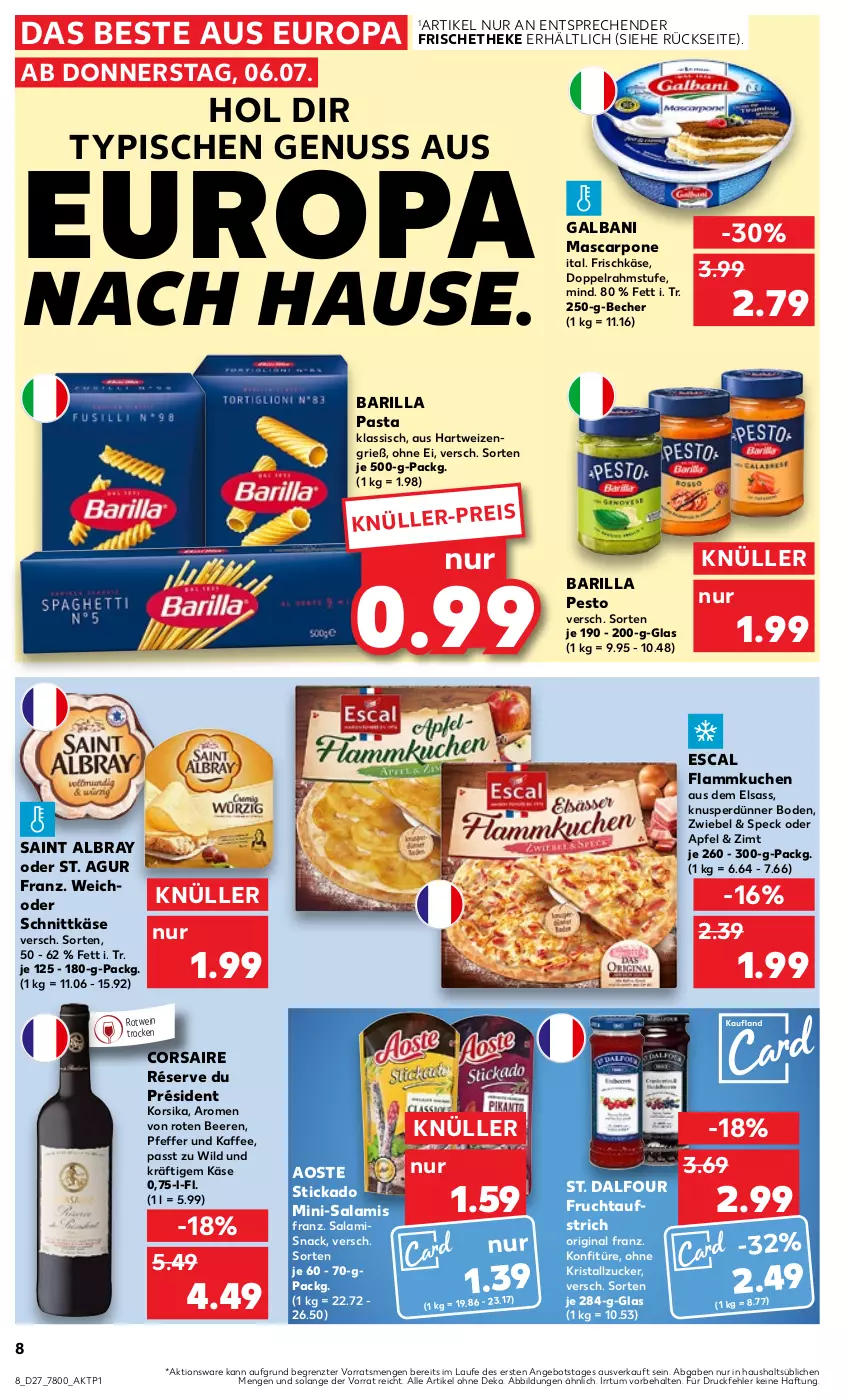 Aktueller Prospekt Kaufland - Prospekt - von 06.07 bis 12.07.2023 - strona 8 - produkty: albray, angebot, aoste stickado, apfel, aufstrich, barilla, Becher, beere, beeren, Corsaire, doppelrahmstufe, eis, escal, flammkuchen, frischkäse, frucht, fruchtaufstrich, galbani, gin, hartweizen, kaffee, Käse, konfitüre, kuchen, lamm, mascarpone, Mini-Salami, nuss, pasta, pesto, pfeffer, rotwein, saint albray, salami, schnittkäse, snack, Speck, stickado, Ti, wein, Wild, ZTE, zucker, zwiebel