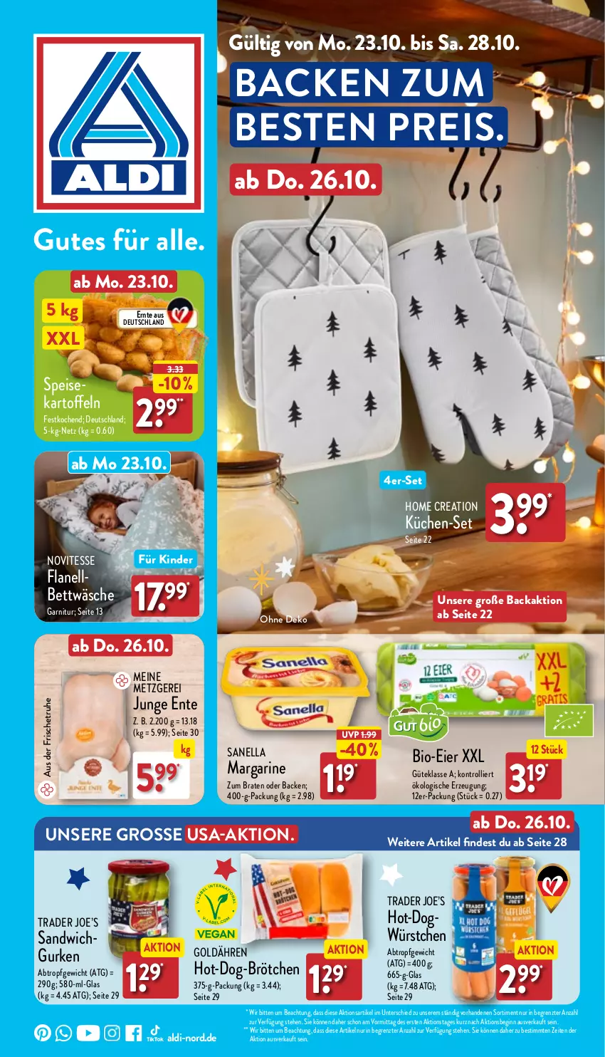 Aktueller Prospekt Aldi Nord - Von Montag - von 23.10 bis 28.10.2023 - strona 1 - produkty: aldi, bett, bettwäsche, bio, braten, brötchen, eier, eis, ente, garnitur, gin, gurke, gurken, kartoffel, kartoffeln, Kinder, küche, Küchen, margarine, reis, sandwich, Ti, trolli, würstchen, ZTE