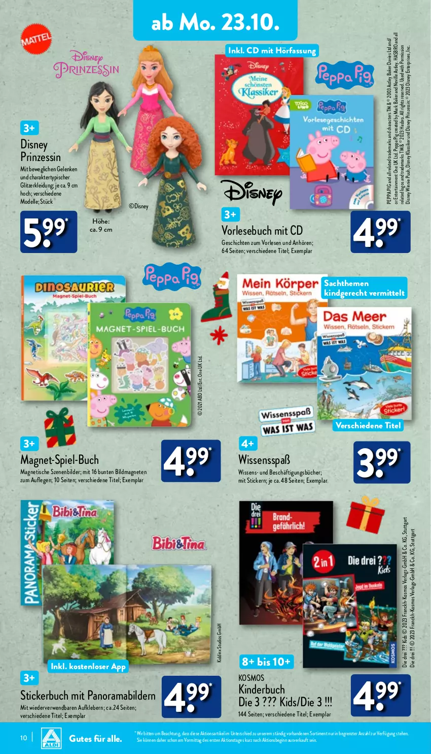 Aktueller Prospekt Aldi Nord - Von Montag - von 23.10 bis 28.10.2023 - strona 10 - produkty: Aufkleber, buch, dell, disney, elle, ente, gin, Hasbro, Kinder, Kinderbuch, kleber, kleid, Kleidung, mab, Mode, Peppa Pig, rama, rel, rwe, sac, Stickerbuch, Ti, tisch, ZTE