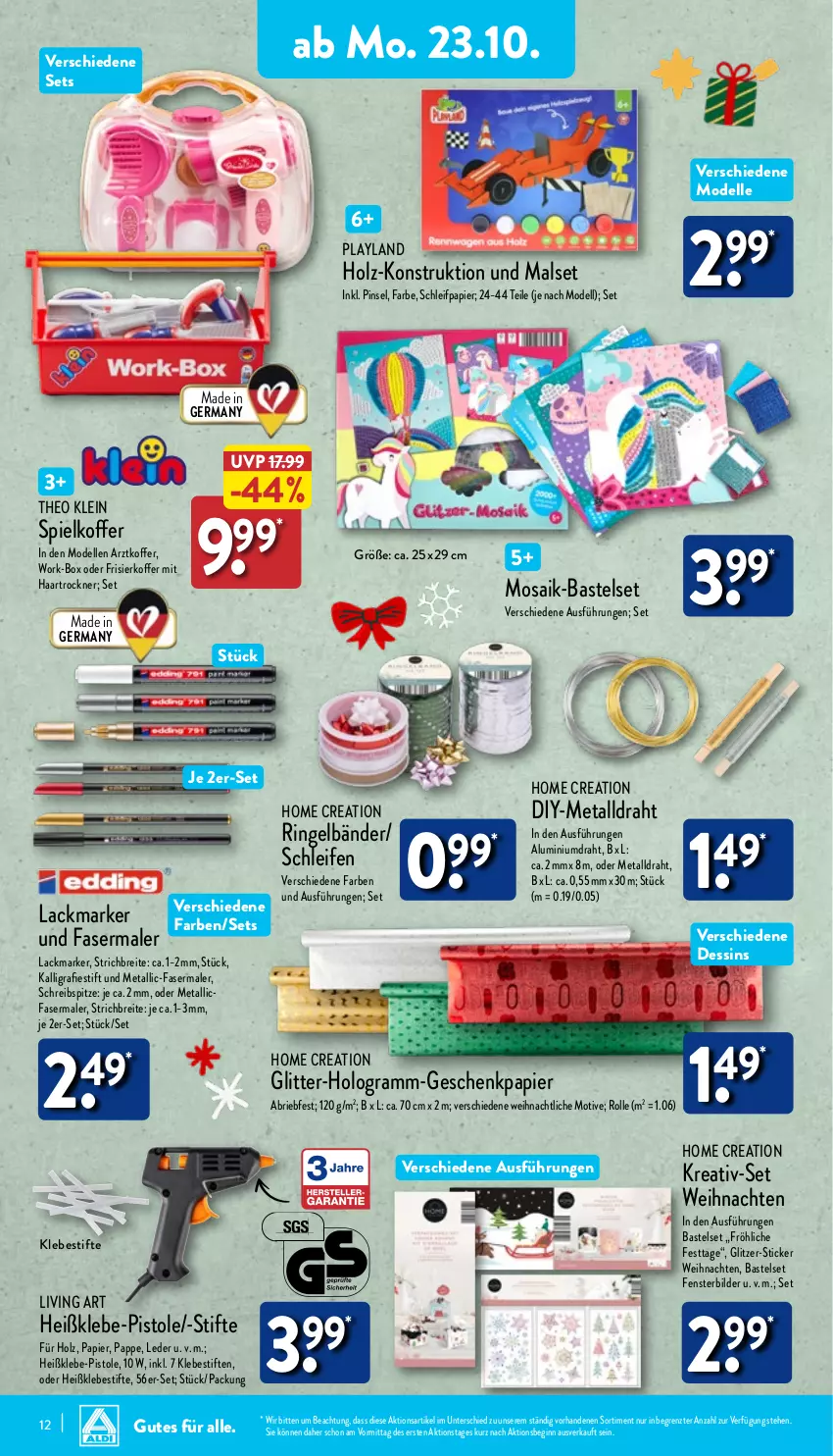 Aktueller Prospekt Aldi Nord - Von Montag - von 23.10 bis 28.10.2023 - strona 12 - produkty: Brei, brie, dell, Draht, elle, fasermaler, fenster, Germ, Geschenkpapier, gin, haartrockner, Holz, koffer, lack, Mode, papier, Pinsel, ring, Schleifpapier, stifte, Ti, Trockner, weihnachten, ZTE