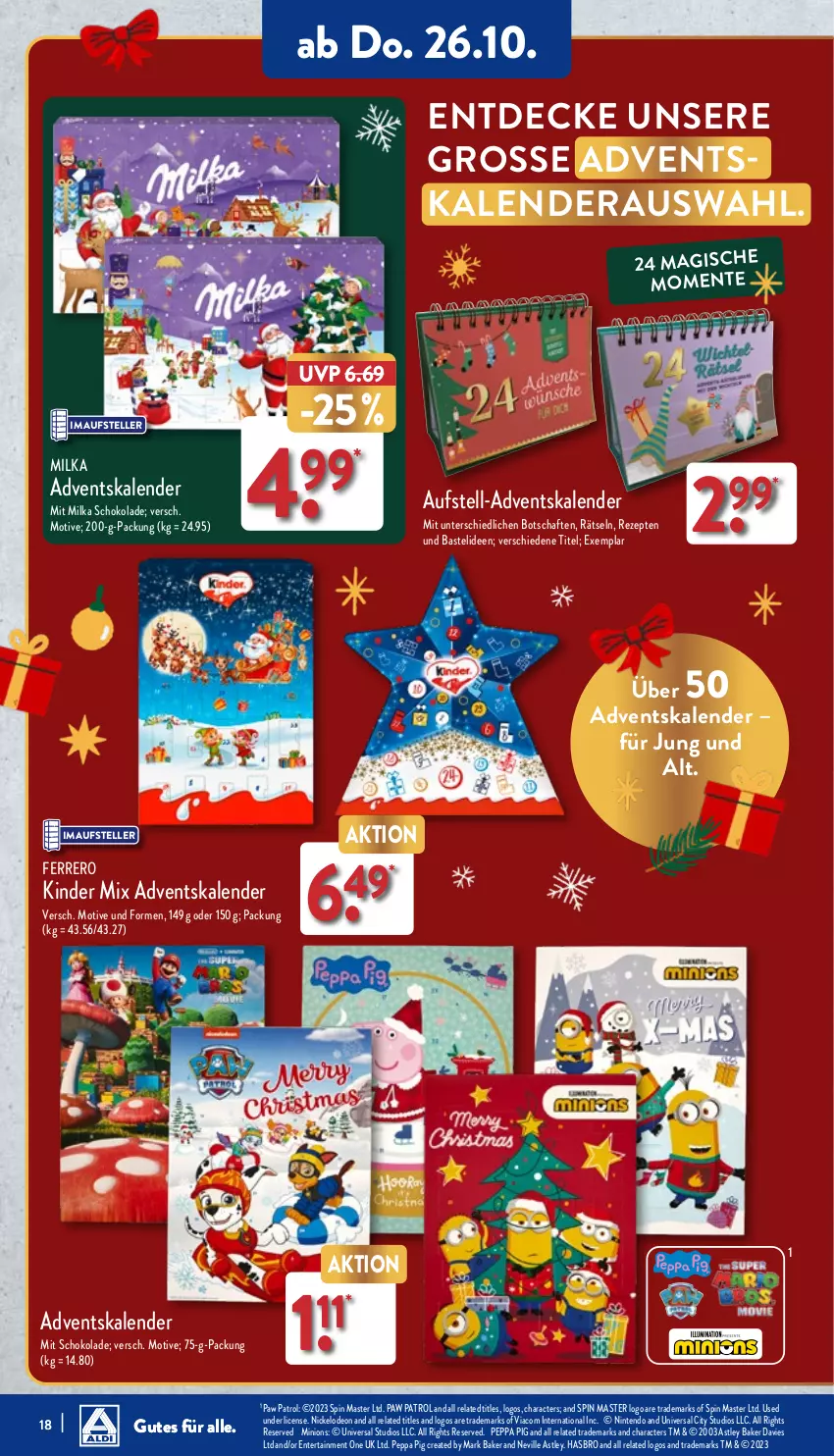 Aktueller Prospekt Aldi Nord - Von Montag - von 23.10 bis 28.10.2023 - strona 18 - produkty: Adventskalender, decke, deo, elle, ente, ferrero, Hasbro, Kinder, milka, milka schokolade, nintendo, Paw Patrol, Peppa Pig, rel, rezept, rezepte, schoko, schokolade, teller, Ti