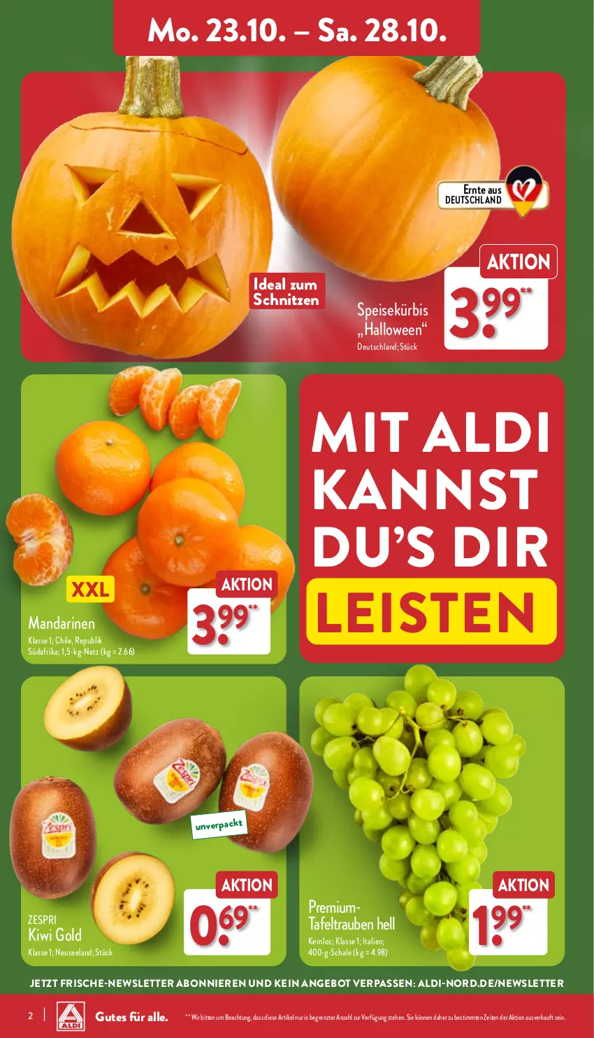 Aktueller Prospekt Aldi Nord - Von Montag - von 23.10 bis 28.10.2023 - strona 2 - produkty: aldi, angebot, eis, Elan, kiwi, Kiwi Gold, Kürbis, mandarine, mandarinen, Schal, Schale, tafeltrauben, Ti, trauben, zespri, ZTE