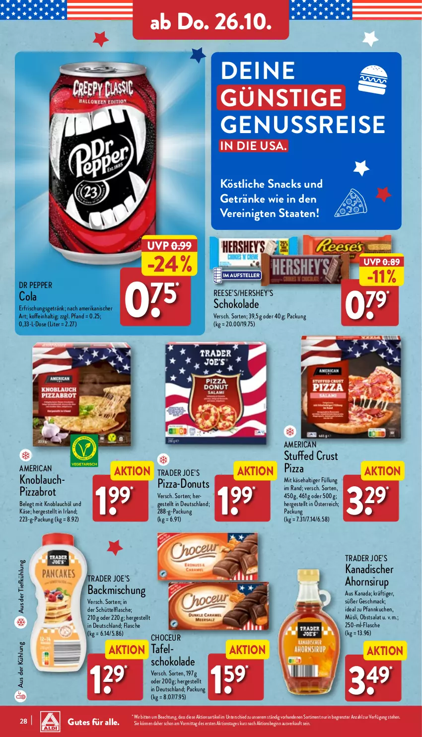 Aktueller Prospekt Aldi Nord - Von Montag - von 23.10 bis 28.10.2023 - strona 28 - produkty: aus der tiefkühlung, backmischung, brot, cola, Donut, donuts, eis, elle, erfrischungsgetränk, flasche, getränk, getränke, gin, HP, Käse, knoblauch, kuchen, mac, mit knoblauch, müsli, nuss, obst, Pfannkuchen, pizza, reis, salat, schoko, schokolade, sirup, snack, snacks, teller, Ti, ZTE