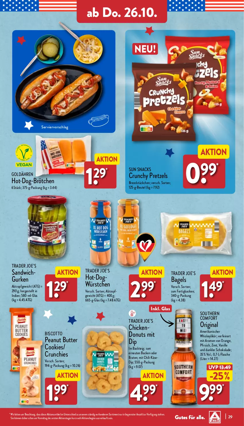 Aktueller Prospekt Aldi Nord - Von Montag - von 23.10 bis 28.10.2023 - strona 29 - produkty: Bagel, beutel, biscotto, braten, brezel, brötchen, butter, chili, cookie, cookies, dip, Donut, donuts, flasche, gin, gurke, gurken, Käse, likör, orange, peanut butter, pfirsich, Pretzel, sandwich, schoko, schokolade, snack, snacks, Southern Comfort, Sun Snacks, Ti, vanille, whiskey, würstchen, ZTE