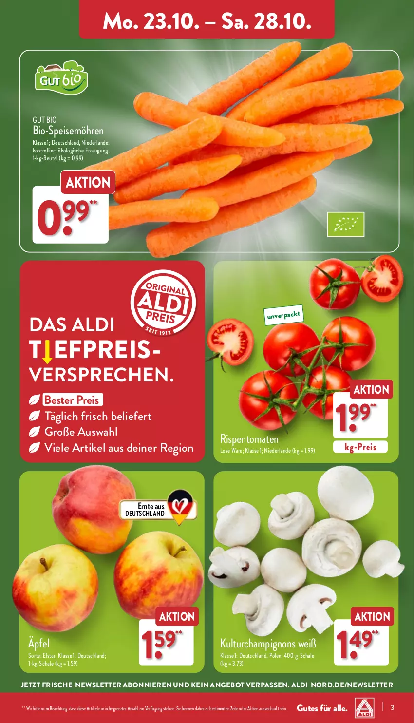 Aktueller Prospekt Aldi Nord - Von Montag - von 23.10 bis 28.10.2023 - strona 3 - produkty: aldi, angebot, beutel, bio, champignon, champignons, eis, möhren, reis, rispentomaten, Schal, Schale, speisemöhren, Ti, tomate, tomaten, trolli, ZTE