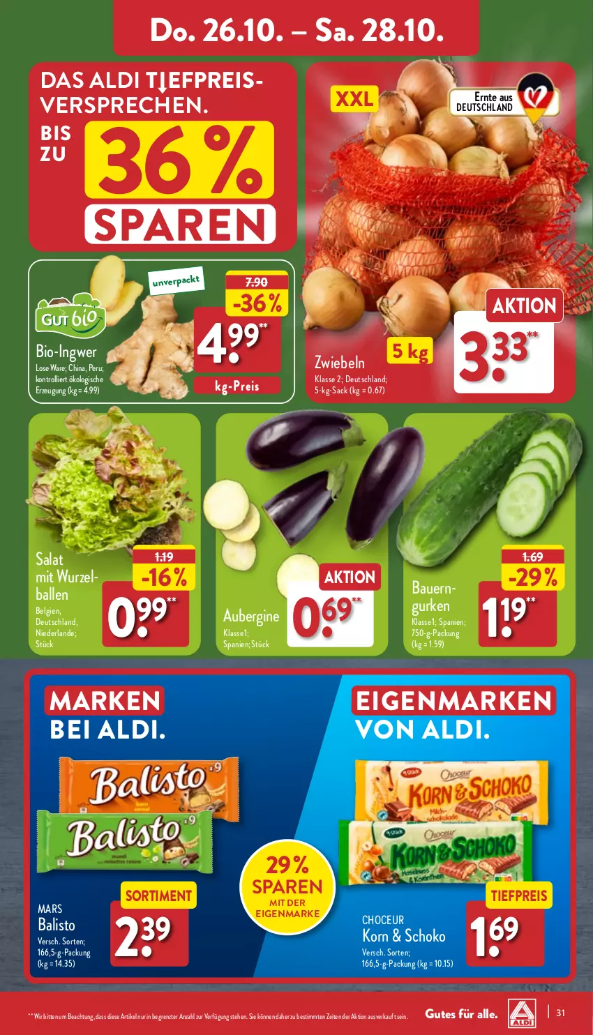 Aktueller Prospekt Aldi Nord - Von Montag - von 23.10 bis 28.10.2023 - strona 31 - produkty: aldi, aubergine, auer, balisto, ball, Bau, Bauer, bio, eis, gin, gurke, gurken, ingwer, korn, LG, mars, reis, sac, salat, schoko, Ti, tiefpreis, trolli, ZTE, zwiebel, zwiebeln