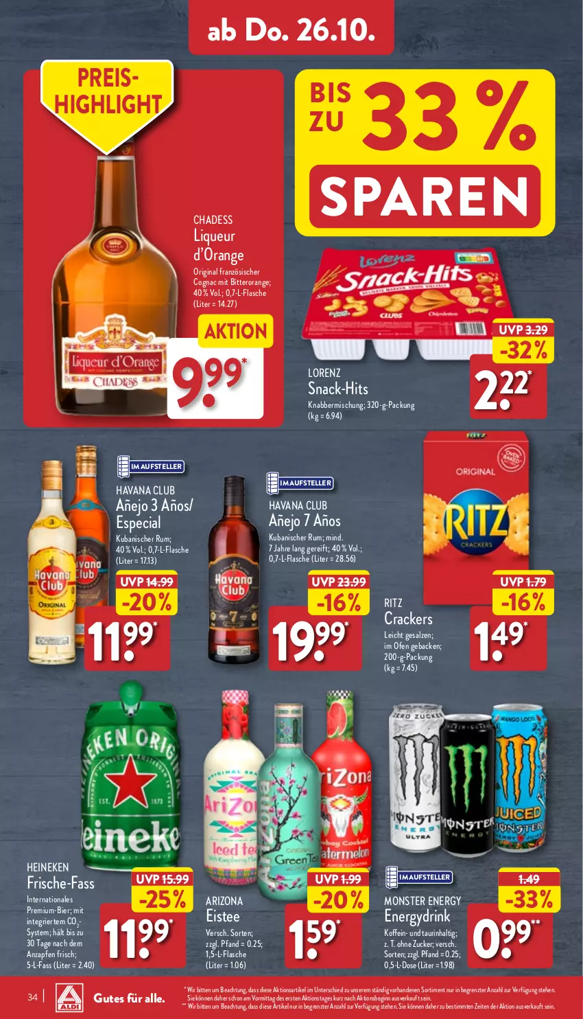 Aktueller Prospekt Aldi Nord - Von Montag - von 23.10 bis 28.10.2023 - strona 34 - produkty: bier, Cognac, cracker, drink, eis, eistee, elle, flasche, geback, gin, Havana Club, heineken, liqueur, lorenz, monster, Monster Energy, Ofen, orange, reis, rum, salz, snack, tee, teller, Ti, ZTE, zucker