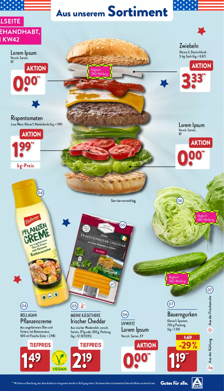 Aktueller Prospekt Aldi Nord - Von Montag - von 23.10 bis 28.10.2023 - strona 41 - produkty: auer, Bau, Bauer, butter, cheddar, creme, eis, flasche, gurke, gurken, Käse, käsetheke, milch, pflanze, pflanzen, pflanzencreme, reis, rispentomaten, sac, Ti, tiefpreis, tomate, tomaten, weidemilch, ZTE, zwiebel, zwiebeln