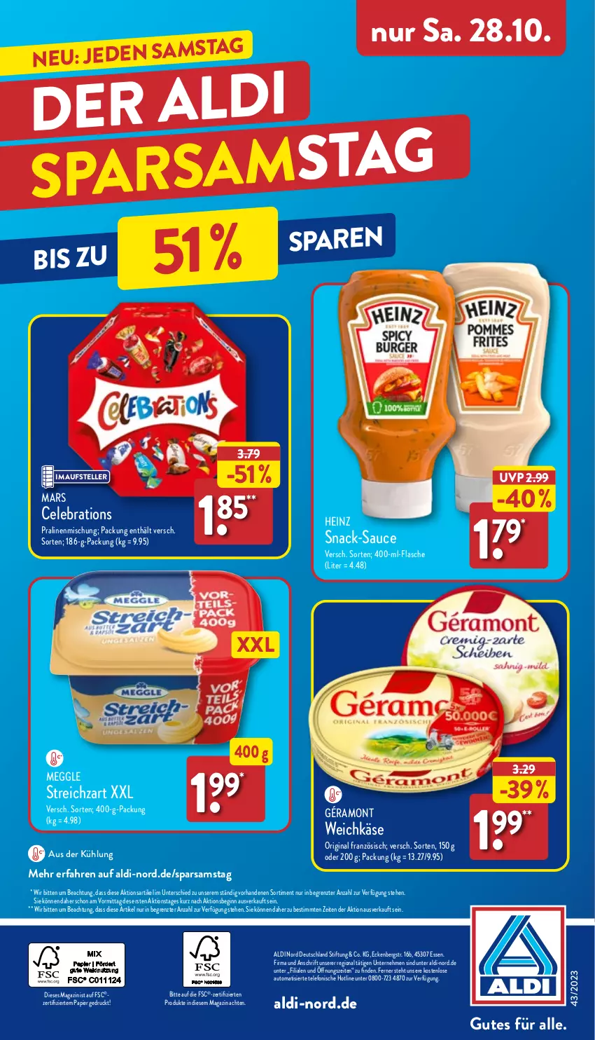 Aktueller Prospekt Aldi Nord - Von Montag - von 23.10 bis 28.10.2023 - strona 45 - produkty: aldi, auto, elle, flasche, géramont, gin, heinz, Käse, magazin, mars, meggle, papier, pralinen, sauce, snack, Streichzart, telefon, teller, Ti, weichkäse, ZTE