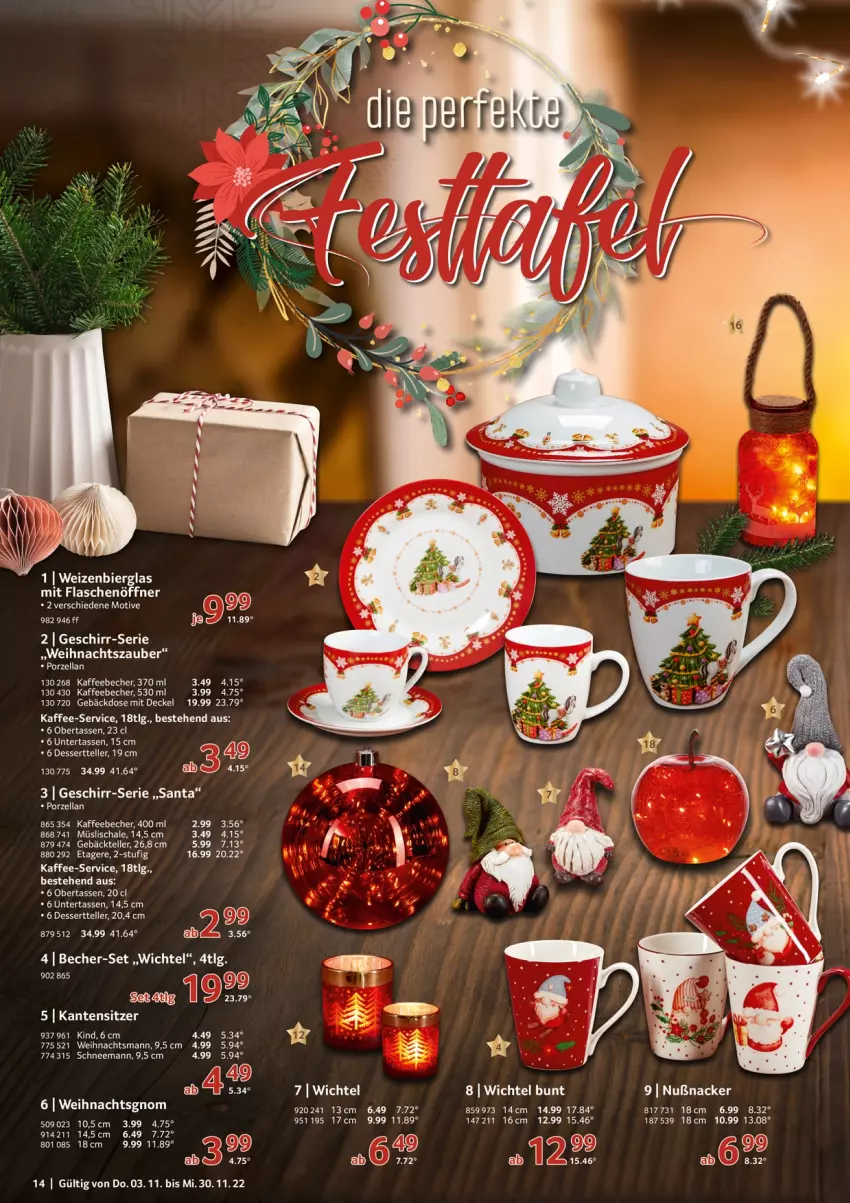 Aktueller Prospekt Selgros - Weihnachten Spezial - von 03.11 bis 30.11.2022 - strona 14 - produkty: Becher, bier, decke, Deckel, dessert, Dessertteller, elle, Etagere, flasche, flaschenöffner, geschirr, kaffee, kaffeebecher, LG, müsli, Müslischale, Schal, Schale, tasse, teller, Ti, Wichtel