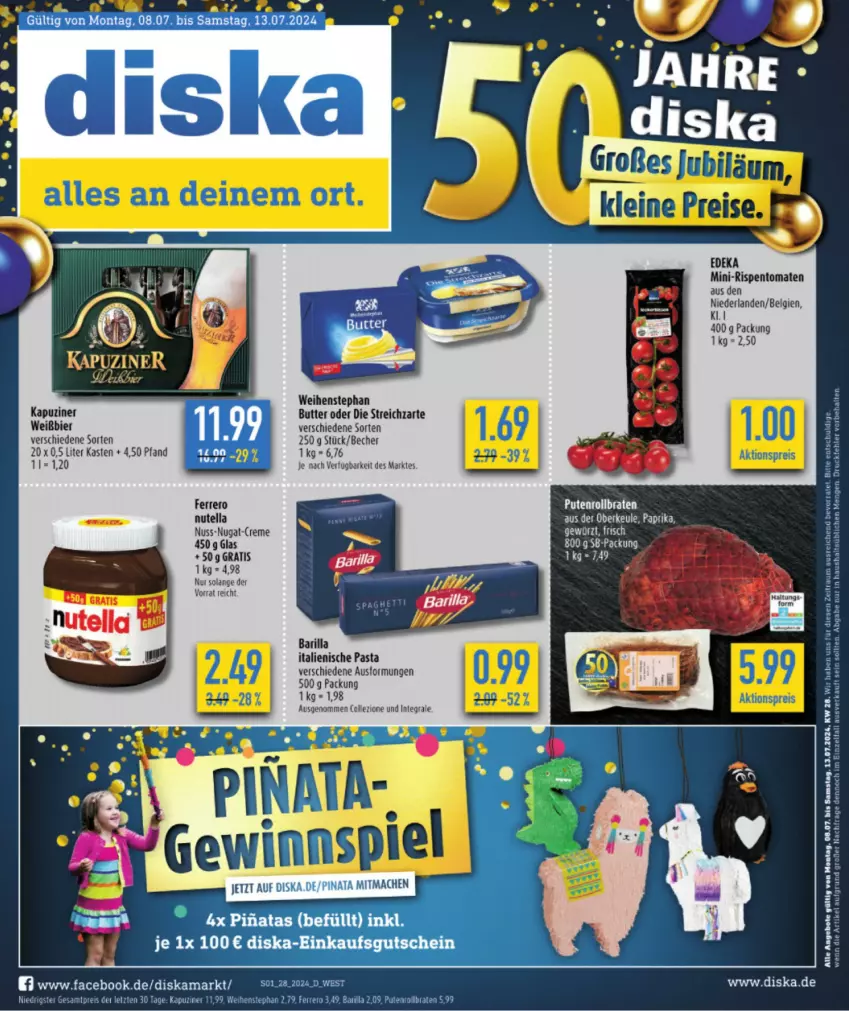 Aktueller Prospekt Diska - von 08.07 bis 13.07.2024 - strona 1 - produkty: aktionspreis, angebot, angebote, barilla, Becher, braten, butter, creme, eis, ferrero, italienische pasta, LG, mini-rispentomaten, nuss, nuss-nugat-creme, nutella, pasta, pute, Putenrollbraten, reis, rispentomaten, rollbraten, Streichzart, Ti, tomate, tomaten, weihenstephan, ZTE