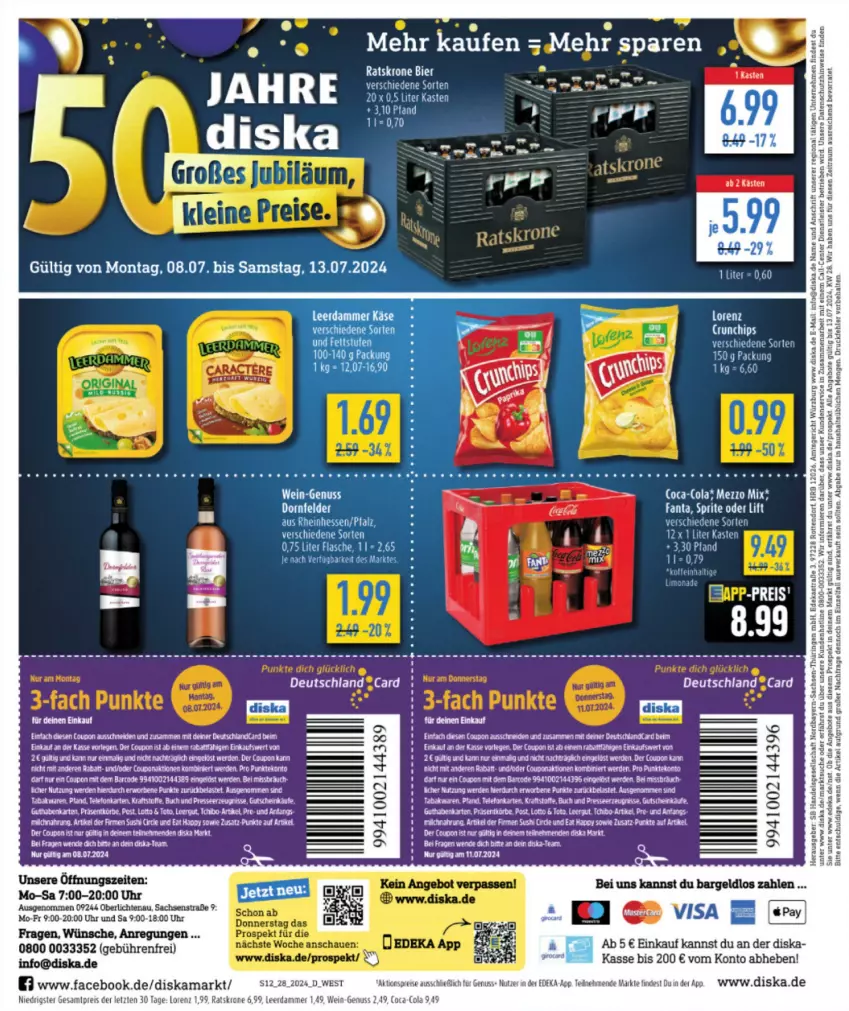 Aktueller Prospekt Diska - von 08.07 bis 13.07.2024 - strona 12 - produkty: angebot, angebote, Astra, bier, coca-cola, cola, coupon, deka, eis, elle, ente, fanta, flasche, krone, leerdammer, LG, limo, limonade, lorenz, nuss, reis, ring, sac, sprite, tee, Ti, uhr, wein, ZTE