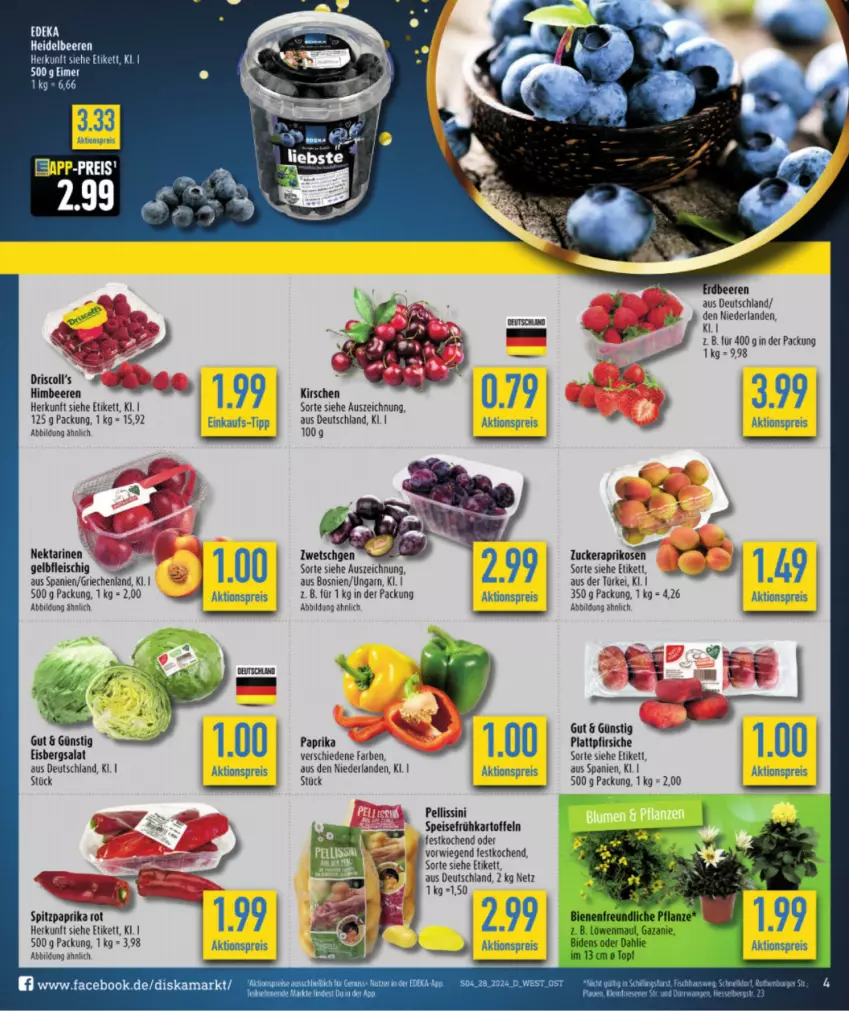 Aktueller Prospekt Diska - von 08.07 bis 13.07.2024 - strona 4 - produkty: aktionspreis, beere, beeren, eimer, eis, erdbeere, erdbeeren, fleisch, Frühkartoffeln, heidelbeere, heidelbeeren, himbeer, himbeere, himbeeren, kartoffel, kartoffeln, kirsch, kirsche, kirschen, Nektar, nektarinen, paprika, Pax, pfirsich, pfirsiche, plattpfirsiche, reis, salat, speisefrühkartoffeln, Spitzpaprika, Ti