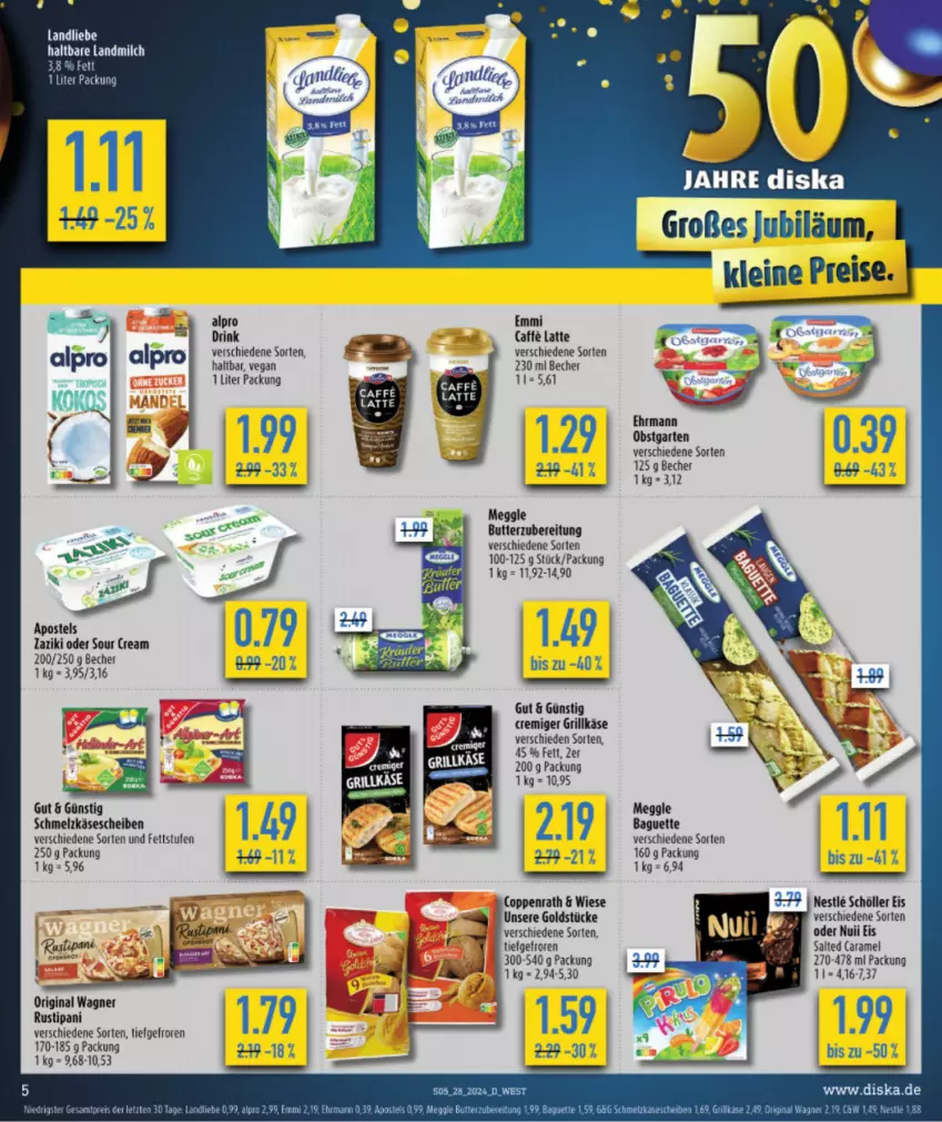 Aktueller Prospekt Diska - von 08.07 bis 13.07.2024 - strona 5 - produkty: AEZ, alpro, apostels, baguette, Becher, butter, caramel, coppenrath, drink, ehrmann, eis, emmi, Garten, gin, Goldstücke, grill, Grillkäse, Käse, käsescheiben, landliebe, landmilch, latte, leine, LG, meggle, milch, nuii, obst, obstgarten, original wagner, reis, rustipani, Schmelzkäse, Schöller, sour cream, Ti, wagner