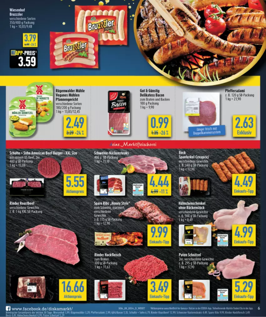 Aktueller Prospekt Diska - von 08.07 bis 13.07.2024 - strona 6 - produkty: bacon, beef, braten, eis, fleisch, hackfleisch, hähnchenschenkel, henkel, pfeffer, pute, rind, rinder, roastbeef, rügenwalder, rügenwalder mühle, salami, schenkel, schnitzel, schwein, Ti, wein